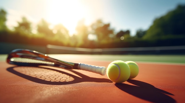 Raqueta de tenis y bolas en una cancha prístina