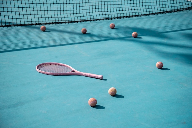 La raqueta de tenis y las bolas.