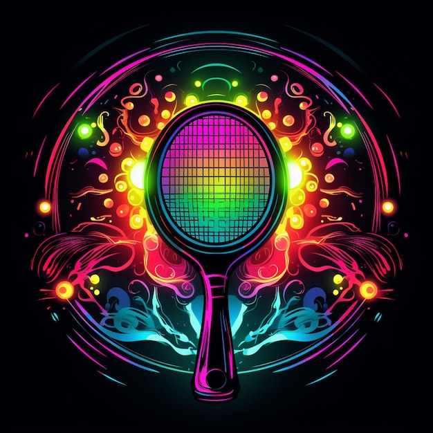 raqueta de tenis de colores brillantes con remolinos y remolinos en un fondo negro