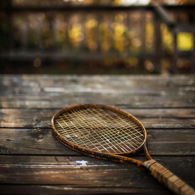 una raqueta de tenis con un mango de madera en una mesa de madera