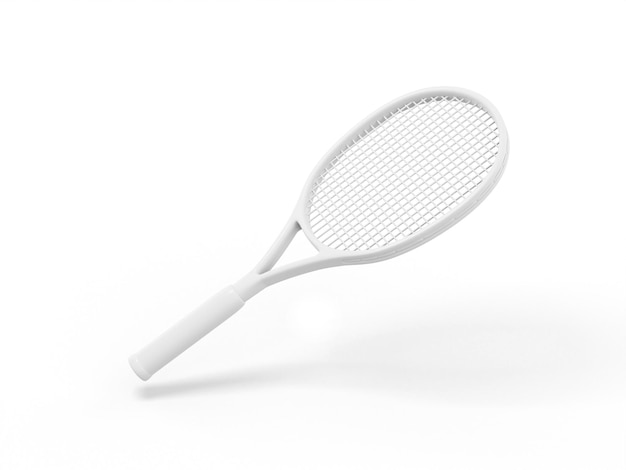 Raqueta de tenis monocolor blanco sobre fondo blanco sólido. Objeto de diseño minimalista. icono de renderizado 3d elemento de interfaz ui ux.