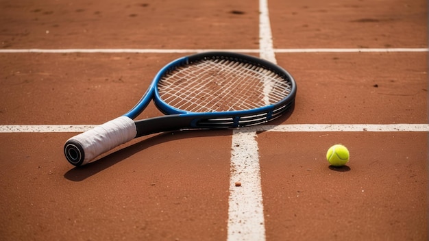 Raqueta de tenis y pelota en una cancha de arcilla