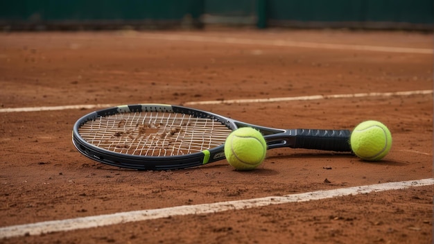 Raqueta de tenis y pelota en una cancha de arcilla