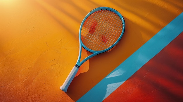La raqueta de tenis y la pelota en una cancha de colores brillantes y sombras fuertes