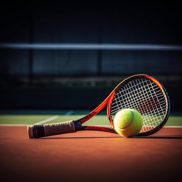 una raqueta de tenis y una pelota en una cancha con una pelota en el suelo.