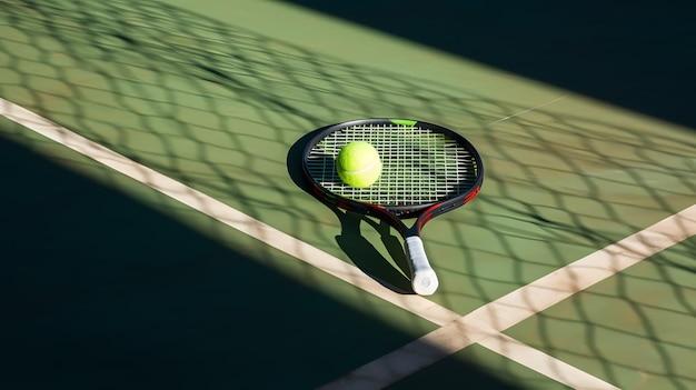 Raqueta de tenis y pelota en la cancha de tenis con sombra en la red