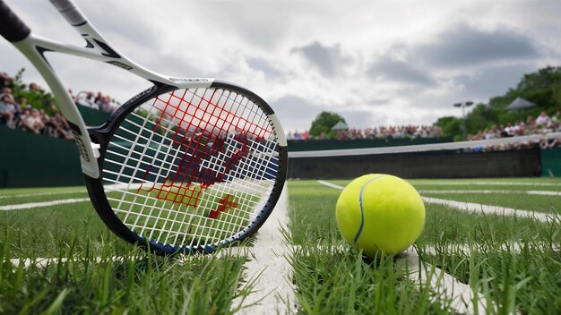 Raqueta de tenis con pelota en la cancha