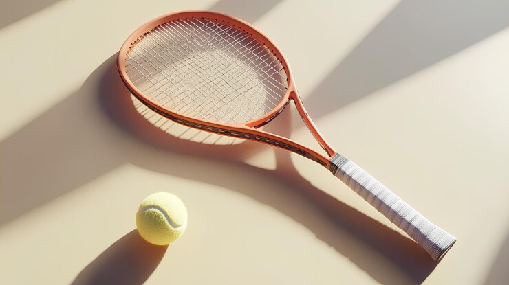 una raqueta de tenis con una pelota y una pelota en la mesa