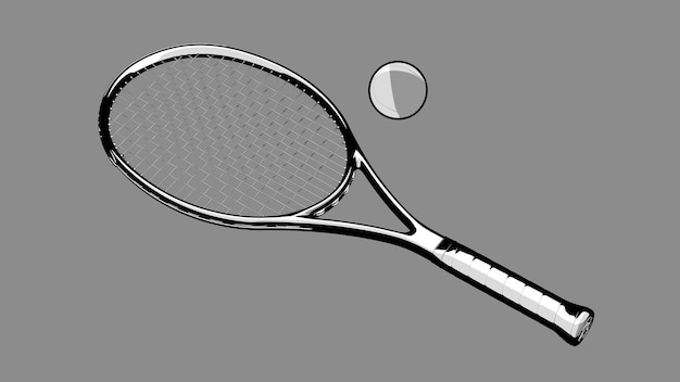 Raqueta de tenis con pelota sobre un fondo de estudio gris Concepto de tecnología Representación 3D en blanco y negro