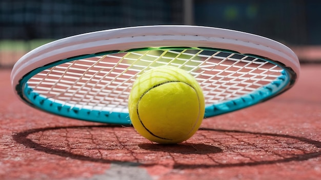 Raqueta de tenis con pelota de tenis en la cancha