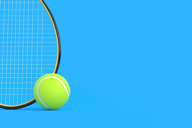 Raqueta de tenis con pelota de tenis sobre fondo azul Vista frontal Ilustración de renderizado 3D