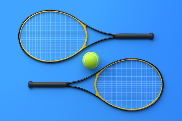 Raqueta de tenis con pelota de tenis sobre fondo azul Vista superior Ilustración de renderizado 3D