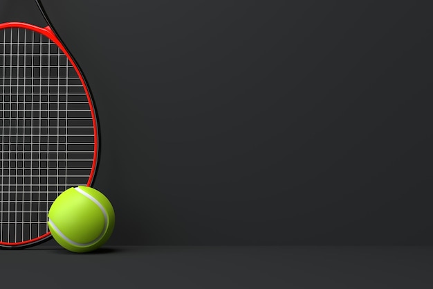 Raqueta de tenis con pelota de tenis sobre fondo negro Vista frontal Ilustración de renderizado 3D