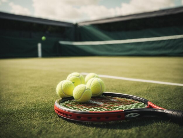 Una raqueta de tenis y tres pelotas de tenis