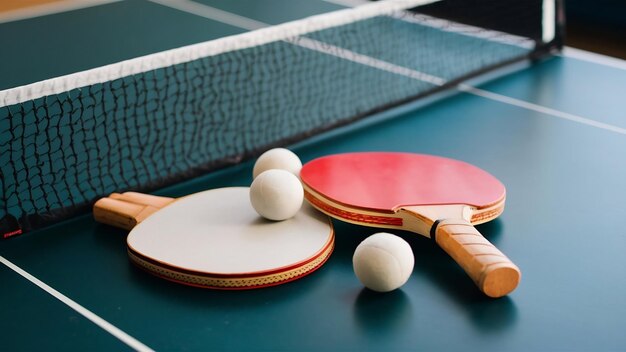 Raquetas y bolas de ping-pong en la mesa de juego con red