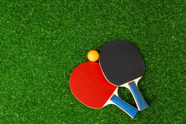 Raquetas de ping pong y pelota sobre hierba