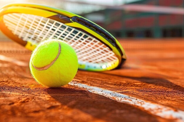 Raquetas de tenis y pelota en una cancha de tenis de arcilla marrón