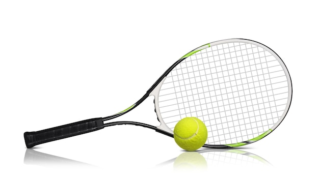 Raquetas de tenis y pelota sobre fondo blanco.