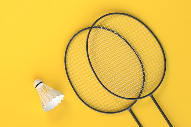 Raquete de badminton e peteca em fundo amarelo vista superior 3D render ilustração