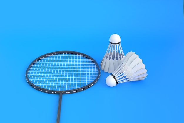 Raquete de badminton e peteca em fundo azul 3D render ilustração