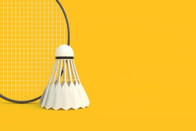 Raquete de badminton e peteca na ilustração de renderização 3D de fundo amarelo