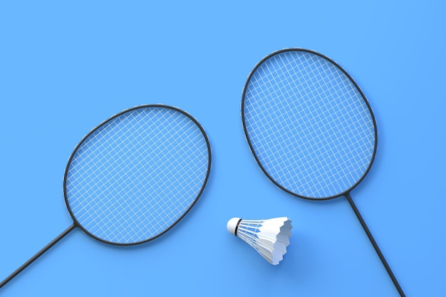 Raquete de badminton e peteca na ilustração de renderização 3D de fundo azul