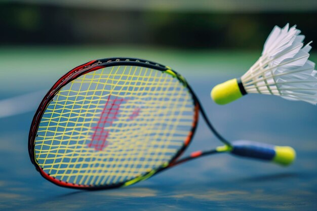 Foto raquete de badminton e shuttlecock na quadra