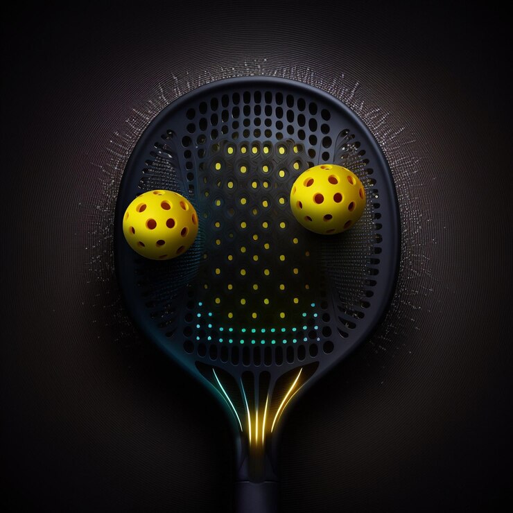 Raquete de pá Pickleball preta sobre um fundo preto duas bolas perfuradas, Generative AI