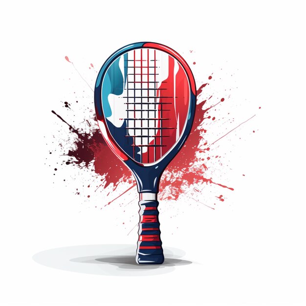 Foto raquete de tênis arrafado com um desenho vermelho e azul generativo ai