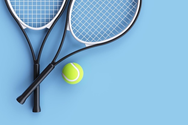 Raquete de tênis com bola de tênis em um fundo azul