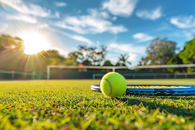 Raquete de tênis e bola em campo de grama verde com fundo de céu azul