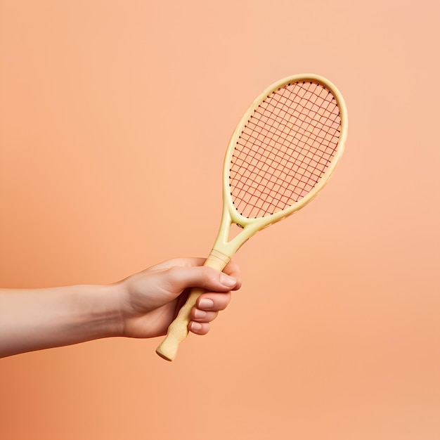 Raquete de tênis na mão sobre o fundo claro