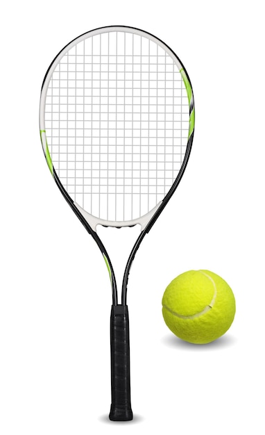 Foto raquete e bola de tênis no fundo branco