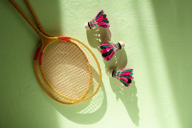 Raquetes de badminton e tacos de transbordador na mesa verde.