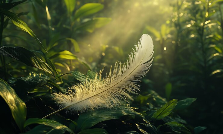 La rara elegancia de la pluma de pavo real albino descansando en el rico follaje de la selva