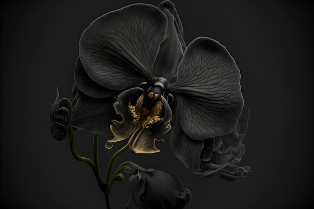 Rara orquídea negra grande en flor del género Big Lip phalaenopsis flores aisladas sobre fondo negro oscuro Arte generado por red neuronal