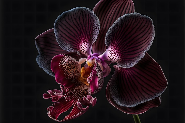 Rara orquídea de terciopelo púrpura grande en flor del género Big Lip phalaenopsis flores aisladas sobre fondo negro oscuro Arte generado por red neuronal