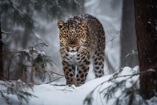 Raro e majestoso Amur Leopard Roaming Free