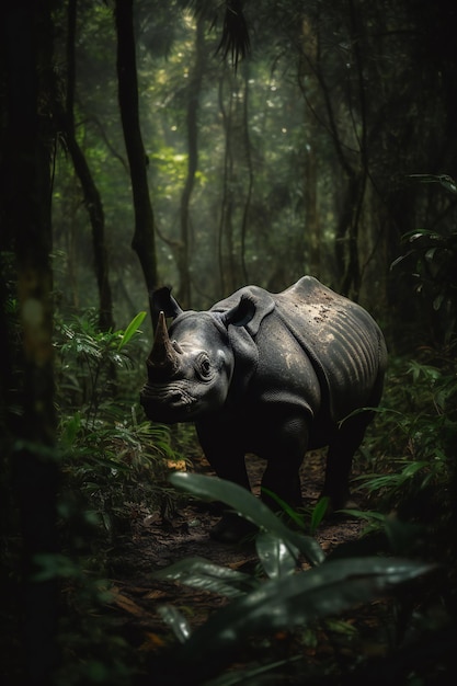 Raro encontro Javan Rhino emerge da selva