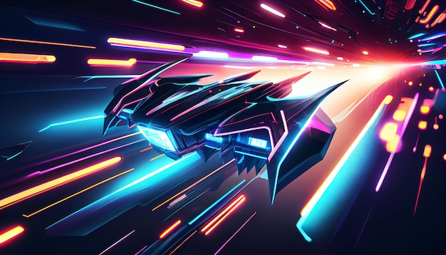 Rasantes futuristisches Raumschiff auf dem Neon Highway Kraftvolle Beschleunigung eines Supersportwagens auf einer Nachtstrecke mit bunten Lichtern und Spuren Generative KI