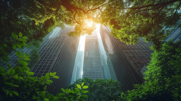 Entre los rascacielos del amanecer vistos desde el parque urbano AI generativa