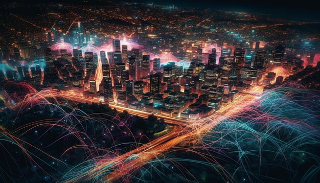 Los rascacielos brillantes encienden el horizonte de la ciudad futurista al anochecer generado por la inteligencia artificial