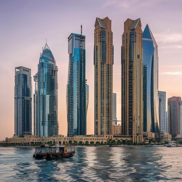 Foto rascacielos en el centro de la ciudad con agua y barco en primer plano de doha, qatar