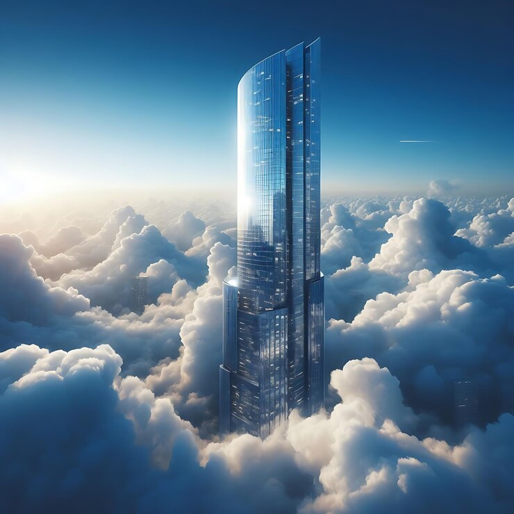 un rascacielos en el cielo por encima de las nubes