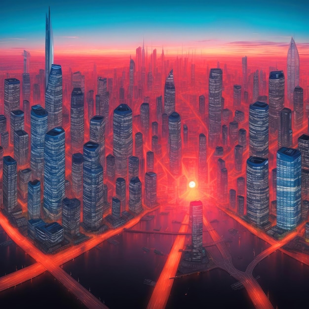 Foto los rascacielos de la ciudad abstracta del futuro al atardecer