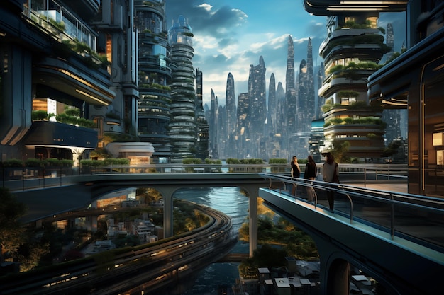 Los rascacielos en la ciudad del futuro Ilustración hiperrealista