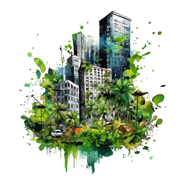 Rascacielos de la ciudad de la jungla urbana con un diseño de paisaje urbano de exuberante follaje