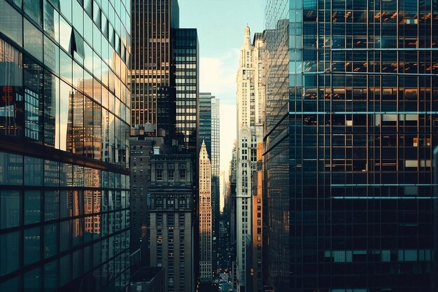 Los rascacielos de la ciudad de Nueva York con reflejos de edificios en las ventanas