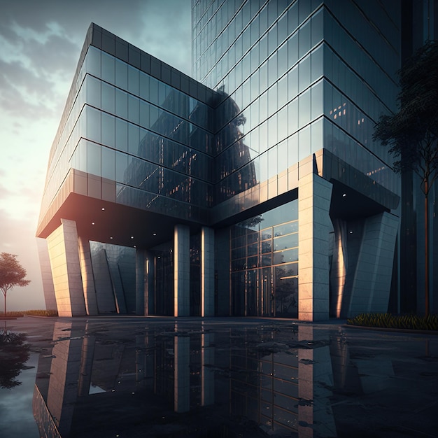 Rascacielos edificio oscuro fachada luces de la ciudad reflejo en vidrio IA generativa