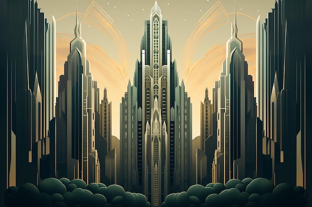Un rascacielos de estilo Art Déco con altas agujas e intrincadas ilustraciones de patrones geométricos